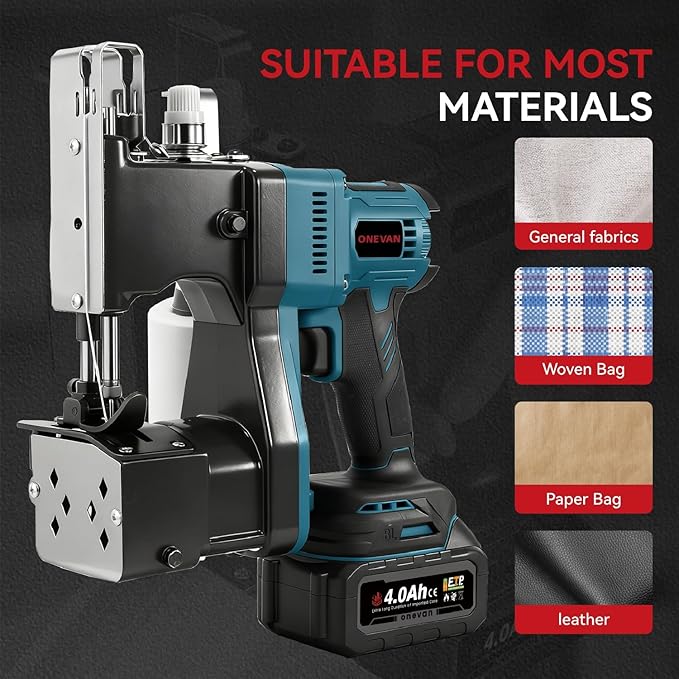Cordless Bag Closing Machine with 2x4.0A Batteries, Brushless Motor, Battery Bag Sewing Machine Portable Bag Closer Stitcher Packing Machine for Feed Sacks, Rice Bags, Burlap Sack, Blue