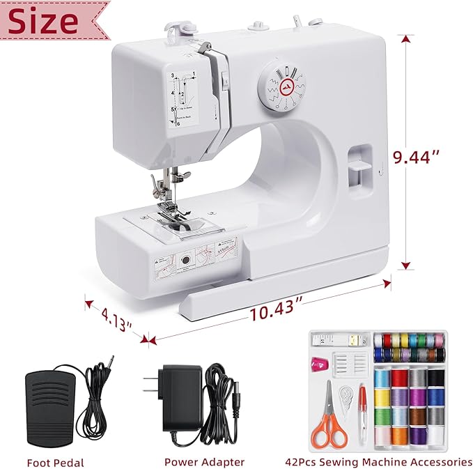 Portable Mini Sewing Machine for Beginners, Easy to Use with LED Light, 12 Built-in Stitches, 2 Speed with Foot Pedal, Reverse Sewing & 42-Piece Kit for Adults, Home, Travel, and Craft Projects