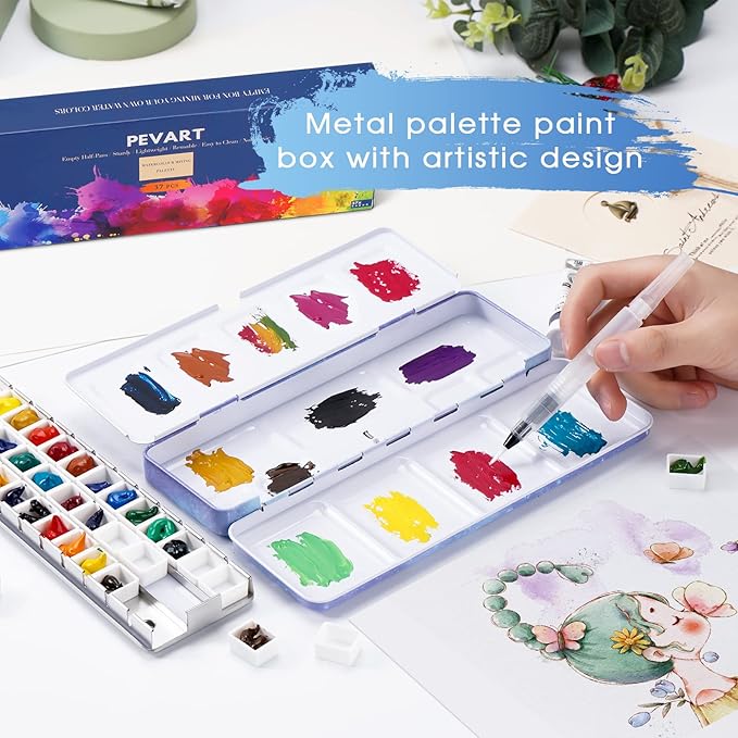 PEVART Empty Watercolor Paint Palette,Metal Box Mixing Palette Case with 37 Water Color Half Pans and Fold-Out Palette Tin Paint Tray Travel Watercolor Set,Acrylic,Gouache, Oil Painting