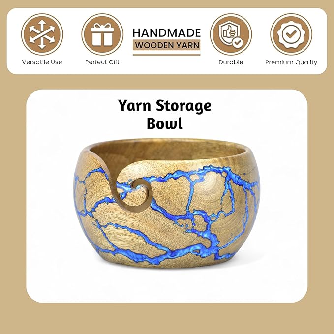 Large Yarn Bowl for Crocheting, Indian Rosewood Knitting Wooden Large Yarn Bowl Holder, Handmade Crocheting String Storage Holder, Knitting Crochet Accessories. (Lite Yellow + Blue Resin)