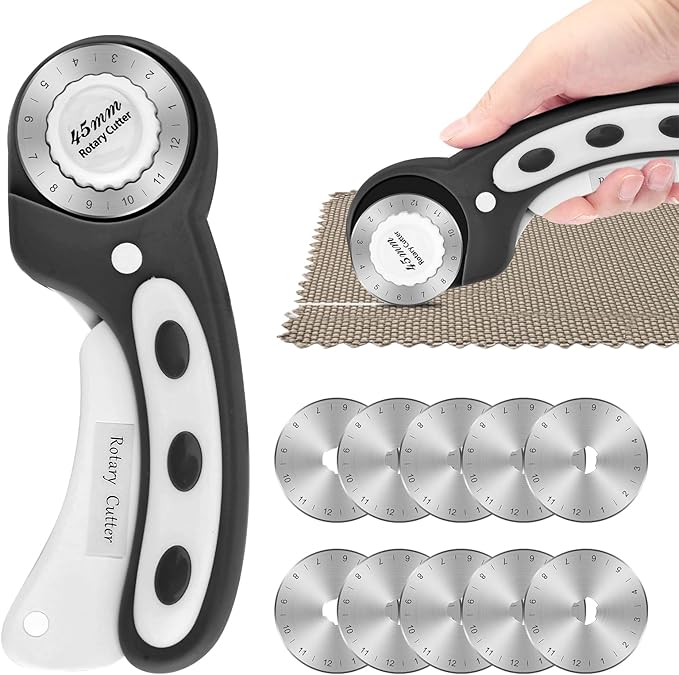 45mm Rotary Cutter for Fabric with 10 pcs Blades,Pinking Rotary Cutter for Quilting Crafts Sewing(COLOR:Black)
