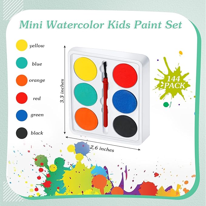 Outus 144 Pcs Watercolor Paint Set Bulk Mini Paint Set Washable Watercolor Palette with Painting Brushes for Art Party Supplies Prizes Stocking Stuffers, 3.3 x 2.6 Inch(6 Colors)