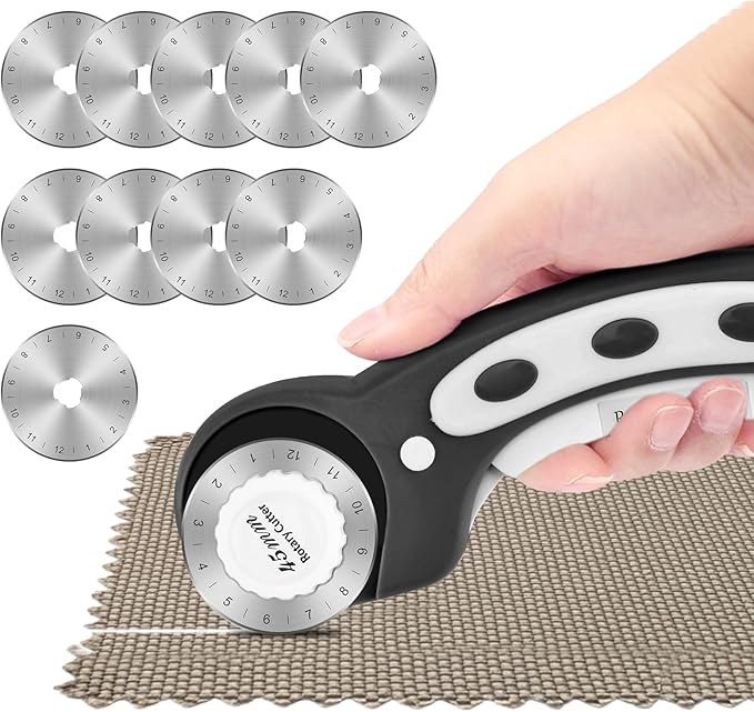 45mm Rotary Cutter for Fabric with 10 pcs Blades,Pinking Rotary Cutter for Quilting Crafts Sewing(COLOR:Black)