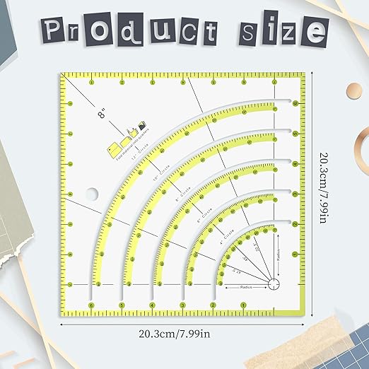 8 Inch Acrylic Fabric Ruler Quilting Ruler Multifunctional Arc Guide Cutting Square Ruler Quilt Circle Cutter Ruler Quilting Supplies and Tools for Quilting, Sewing, Crafts, Pattern Making
