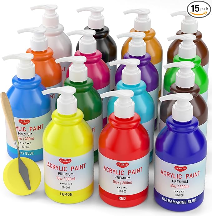 15 Colors Large Bulk Acrylic Paint Set (10 oz,300 ml) Art Painting Supplies for Multi Surface Canvas Wood Leather Fabric Rock Craft, Non Toxic Paint for Kid & Adult with Pump, Color Wheel