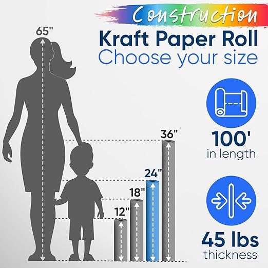 24" x 1200" (100 ft) USA-Made Multi-Color Construction Paper Rolls, 45 lbs/66 GSM, 12 Rolls – Deluxe Colored Kraft Paper for School and Art Projects, DIY, Crafts – Non-Toxic, Safe for Kids