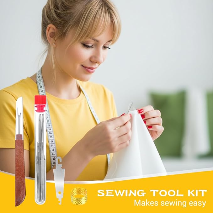 ADLABLD 74Pcs Big Eye Steel Needle Sewing Tool Set, Portable Hand Sewing Kit for Adults Beginners, Include Steel Needles, Reels of Thread, Seam Ripper, Needle Threader, Thimbles, for Mending Clothes