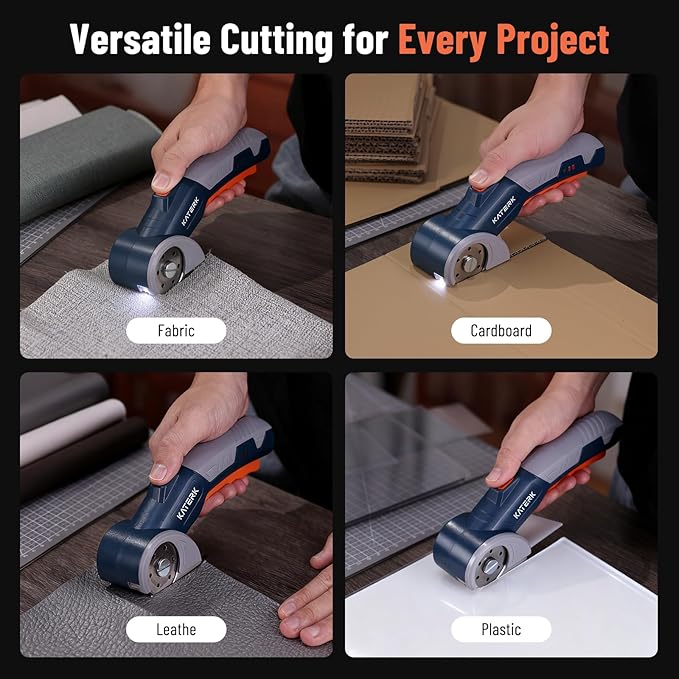 Electric Box Cutter, Katerk Cordless Electric Scissors with Safety Lock & LED Light, Cardboard Cutter, Ambidextrous Use, Rotary Cutter for Fabric, Leather, Plastic, Crafting