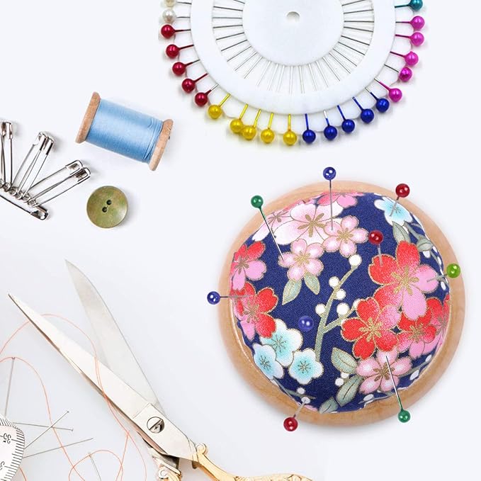 eZAKKA Pin Cushion, Wooden Base Pin Cushions for Sewing Round Pin Needle Holder for DIY Crafts (Japanese Style)