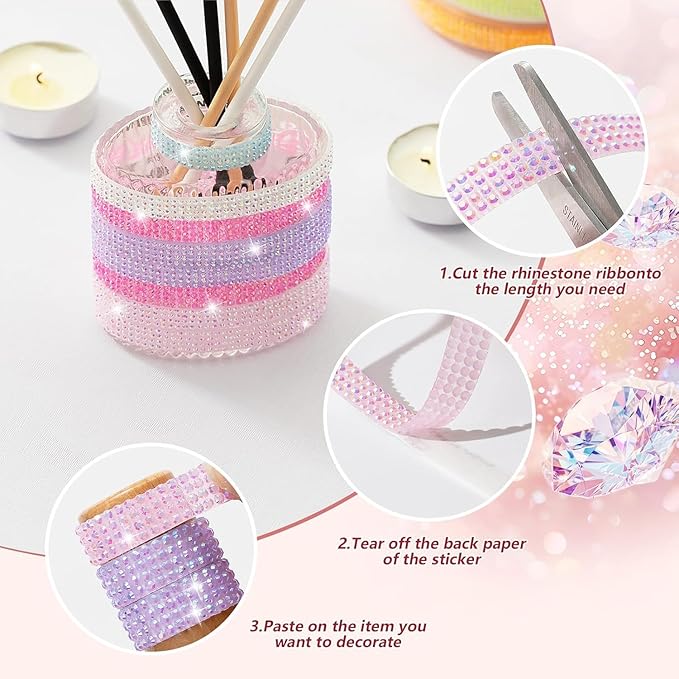 12-Yard Bedazzling Strips, 12-Roll Rhinestone Strips for DIY Craft, Rhinestone Ribbon Self Adhesive, Rhinestones for Crafting, Rhinestones Tape Self Adhesive for Home Decor and Special Events