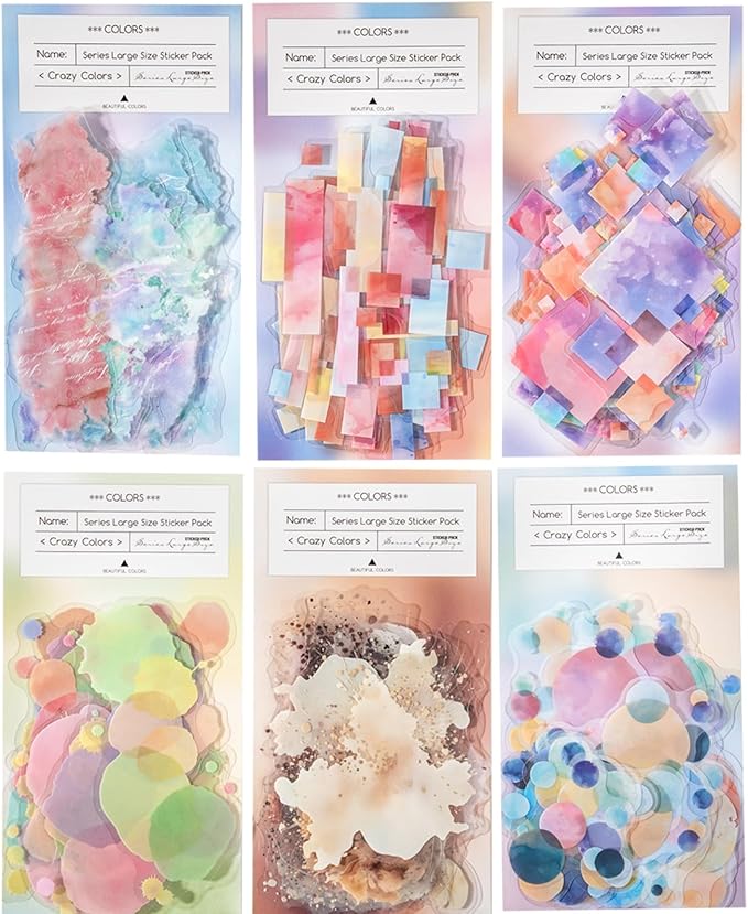 120 Pieces Creative Shapes and Colors PET Scrapbook Stickers Set, 6 Pack Aesthetic Decorative Stickers for Scrapbooking, Junk Journaling, Crafting, DIY Projects, Diaries, and Art Supplies