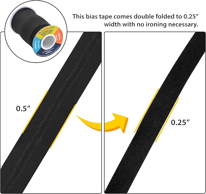 Mandala Crafts 55 Yards 1/4 Inch Black Double Fold Bias Tape for Sewing - Bias Binding Tape for Quilting Binding, Hemming, Seam, and Fabric Piping