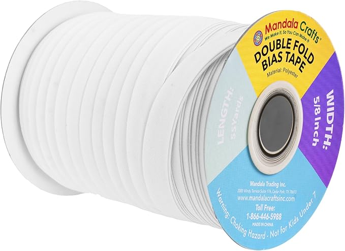 Mandala Crafts 55 Yards 5/8 Inch White Double Fold Bias Tape for Sewing - Bias Binding Tape for Quilting Binding, Hemming, Seam, and Fabric Piping