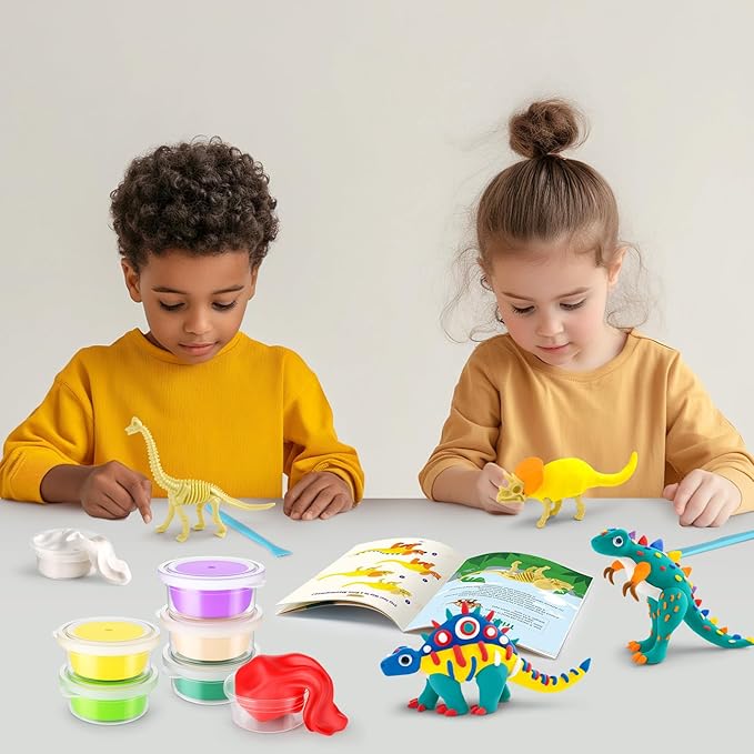 Dinosaur Air Dry Clay Kit – Create 5 Dinosaur Models with 12 Colors of Modeling Clay, Instruction Guide – Fun & Educational Craft Set for Kids