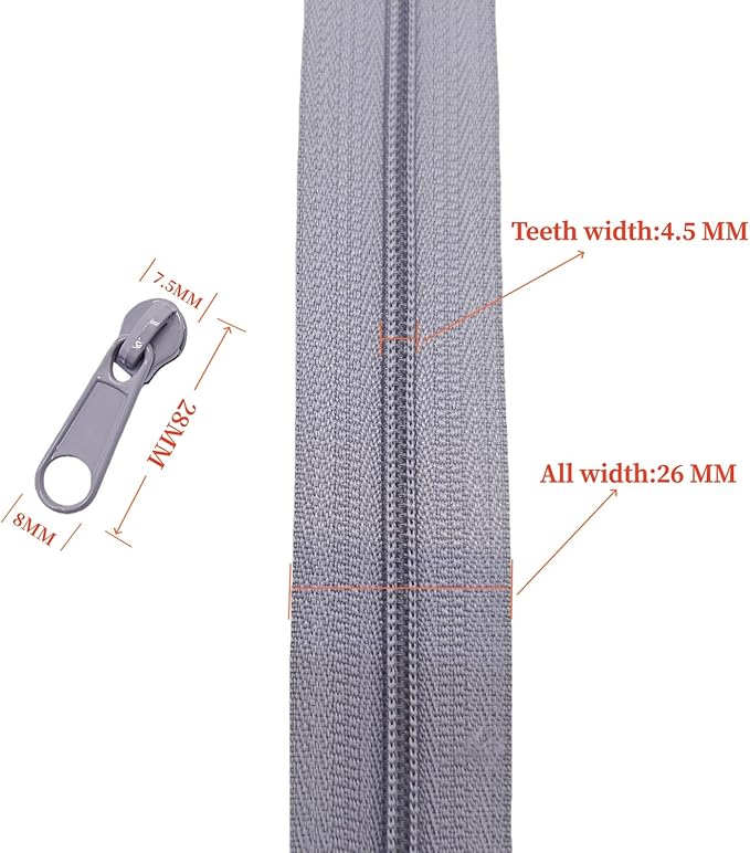 MebuZip #3 Nylon Coil Zippers by The Yard Bulk Zipper Roll Zipper Tape 10 Yards with 25pcs Pulls for Sewing Tailor DIY Craft Bags Pillows (Grey 10Yards)