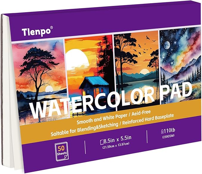 Tlenpo Watercolor Paper Pad, 8.5 x5.5 in, 110lb/230gsm, 50 Sheets, Artist Painting Drawing Paper Book, Art Supplies for Adults Kids, Acid-Free Water Color Paper for Beginner Students