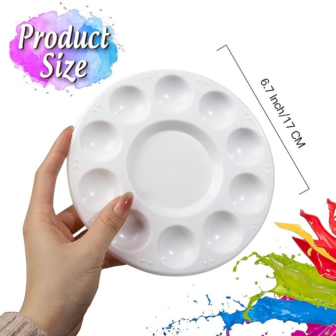 FANDAMEI White Round Paint Tray Palettes, Paint Palette Tray, Plastic Paint Tray Palette, Paint Palettes Paint Pallets with 10 Wells for Adults & Kids, for Painting or DIY Craft Class, 4 PCS