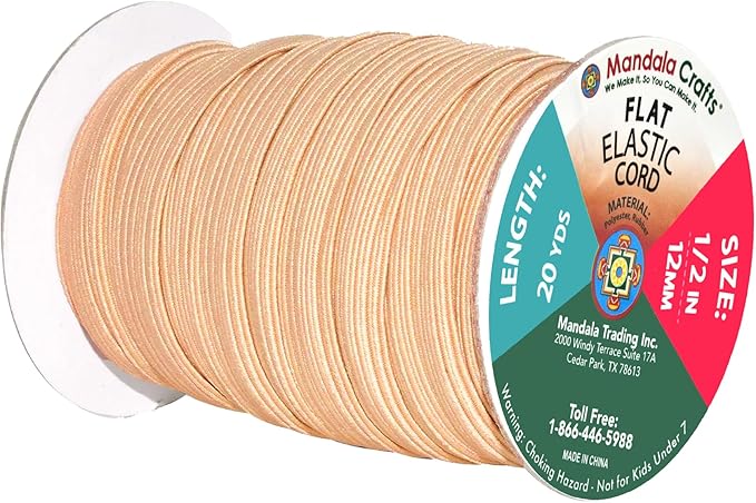 Mandala Crafts 12mm 20 Yds Roll of Nude Elastic Bands for Sewing - 1/2 Flat Elastics Cord - 1 2 Inch Braided Stretch Straps for Crafting