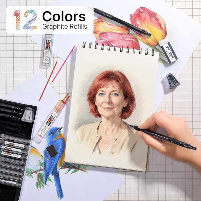 35PCS Black Art Mechanical Pencil Set in Case，0.5 0.7 0.9 2.0 Graphite Metal Drawing Drafting Pencils, Sharpener Erasers 384PCS Lead Refills (6B 4B 2B HB 2H 4H Colors) for Writing Sketching