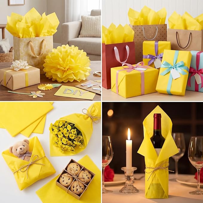 Qilery 500 Sheets Yellow Tissue Paper Bulk for Gift Bags 15 x 20 Inch Acid Free Packaging Wrapping Paper Sheets for Mardi Gras Easter Party Decoration DIY Craft, Bouquet, Pastry, Wedding