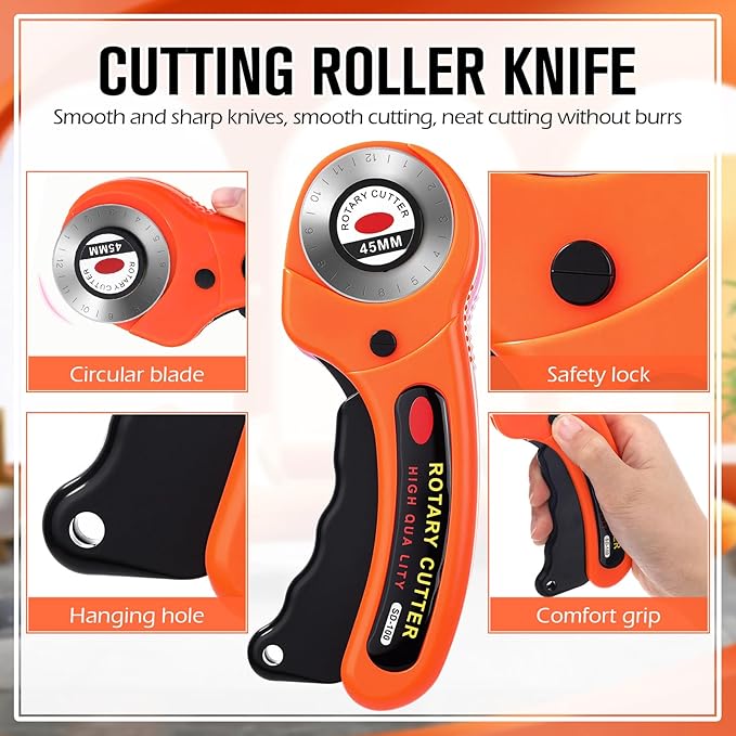 Lothee 12 Packs Stainless Steel Rotary Cutter Set, 45mm Circular Blades with Handle for Fabric, Leather, Quilting, Sewing & Crafting - 420J2 Steel and Durable ABS Plastic(Orange)