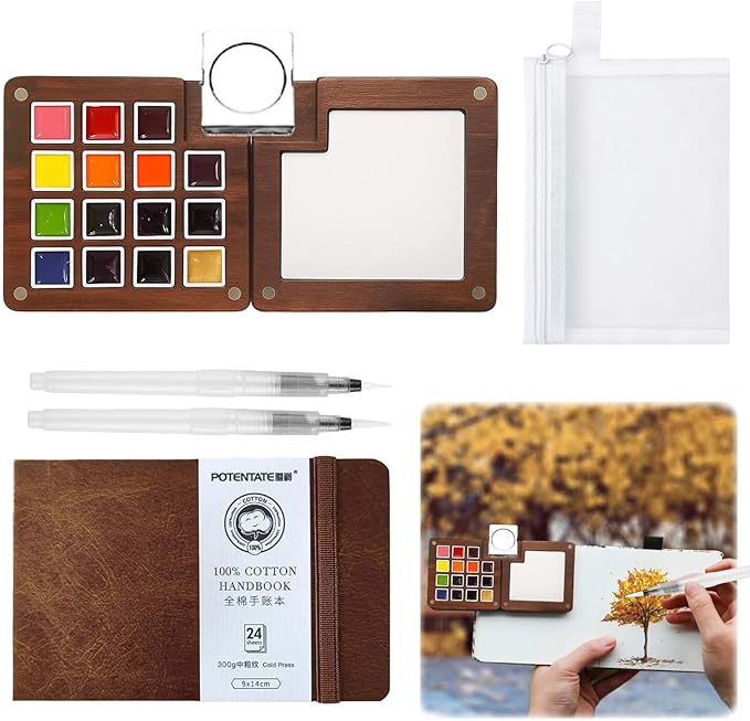 Mini Watercolor Paint Set - 15 Color Travel Watercolor Palette Set - Portable Water Color Paint Set with Watercolor Journal, Binder Clips,Pens,Storage Bag, Wooden Box for Beginners Painters Artists Student