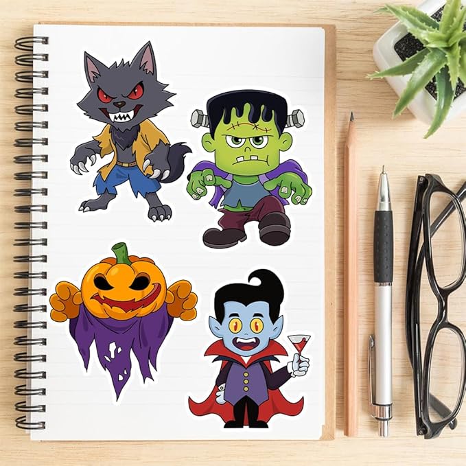 24 Sheets Halloween a Make Face Sticker – Monster Pumpkin Ghost Vampire Witch Mummy Vinyl Feature Stickers for Scrapbooking, Journaling, Collage & Seasonal Decor
