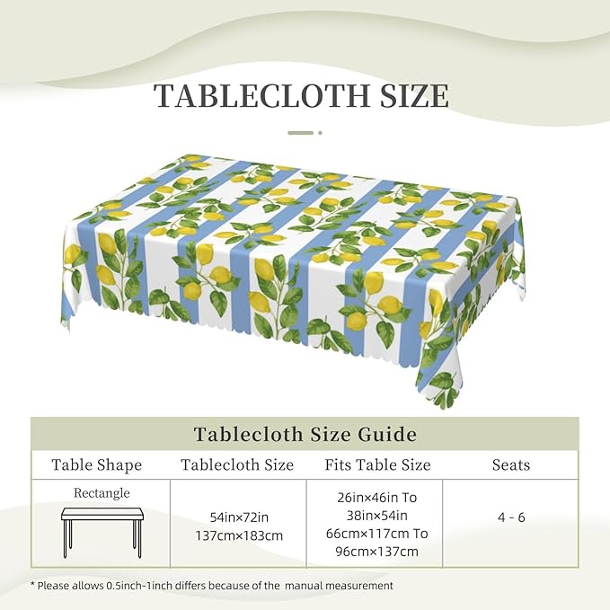 Lemon Rectangle Tablecloth Summer Yellow Lemons Blue and White Striped Table Cloth Dining Table Cover for Home Kitchen Restaurant Party Buffet Picnic 54 x 72 Inch