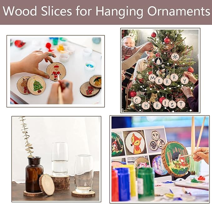 Artmag Natural Wood Slices 30pcs 2.4"-2.8" Unfinished DIY Crafts Predrilled with Hole Round Wooden Circles for Arts Rustic Wood Slices Christmas Ornaments Decor