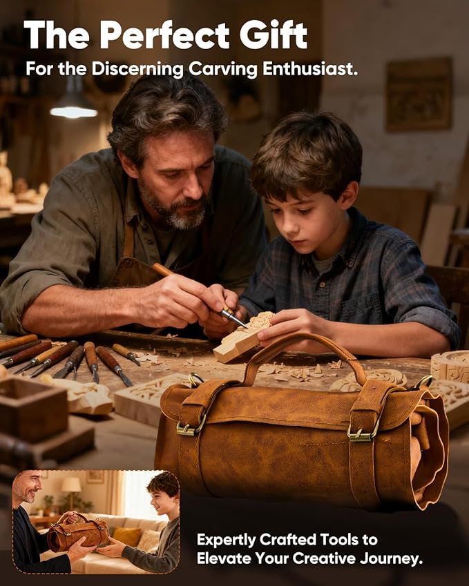 Deluxe Wood Carving Kit, 25 Piece Wood Carving Tools with Thick Leather Storage Bag,Wood Whittling Tools -Ideal Woodworking Tools and Hobbies for Beginners Enthusiasts Kids Gift DIY