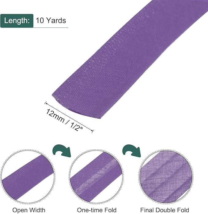 MECCANIXITY 1/2 Inch Double Fold Bias Tape Polyester Continuous Bulk Bias Tape for Sewing,Seaming Quilting Hemming Binding Crafts (Purple 10 Yards)