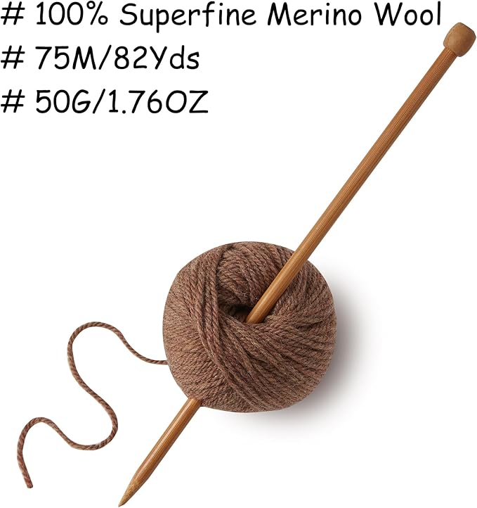 100% Merino Wool Yarn, 3-Ply Luxurious and Soft Yarn for Hand Knitting & Crocheting(Mocha, 3Balls)