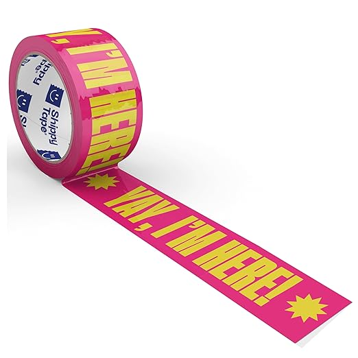 Cool Decorative Packing Tape for Small Business, Cute Designer Printed Packaging and Shipping Tape, Yay I'm Here!, Neon Pink Yellow, 1.88" x 110 Yards (330 feet)