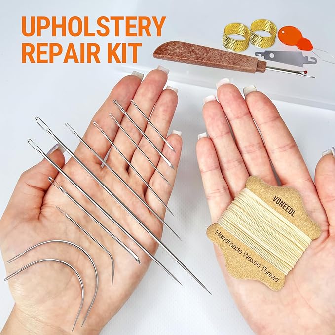 Upholstery Repair Kit: Waxed Sewing Thread (Beige Color) & Heavy Duty Needles (11 PCS) for Leather, Canvas & Quilting Thread