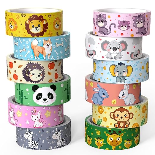 Cute Washi Tape Set, 12 Rolls Kawaii Animal Decorative Tape Cartoon Forest Masking Tape for Journaling Supplies, Junk Journal, Scrapbooking, DIY Arts & Crafts, Gift Wrapping