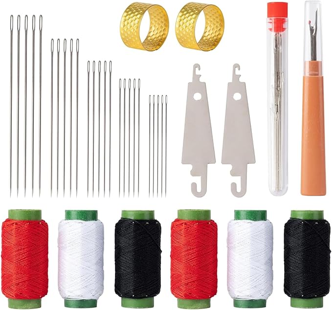 37 PCS Big Eye Steel Sewing Needles Kit, Stainless Steel Needles for Hand Sewing Kit with Thread Ripper, Needle Threaders, Threads, and Thimbles(37pcs/1Set)