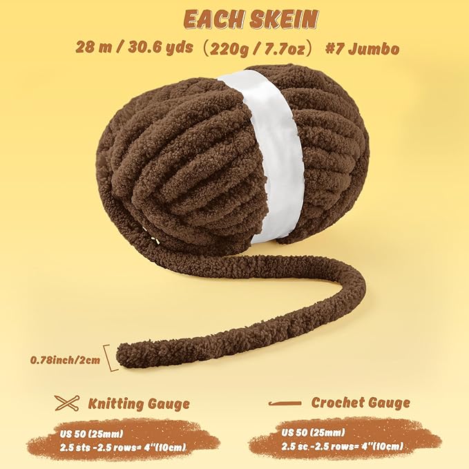 Inhand 8 Pack Chunky Chenille Yarn for Crocheting–30.6 Yards, 7.7oz, Soft Fluffy Thick Yarn,Gifts for Men/Women Birthday Christmas Unique,Hand Knitting for Blankets&DIY Crafts (Coffee)