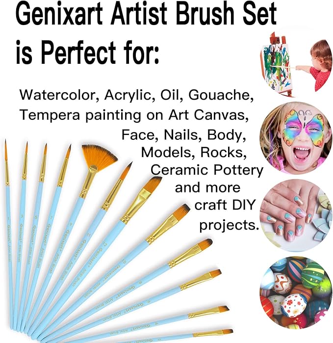 Genixart Paint Brush Set for Acrylic Oil Watercolor, Synthetic Nylon Hairs Artist Paintbrushes for Nail Face Body Professional Art Painting, 12 Pack Paint Brushes for Students Adults (SkyBlue)