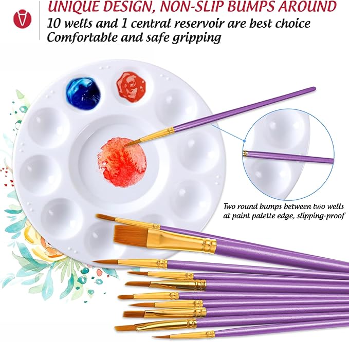 Paint Brushes Palettes Set by DUGATO, 2 Packs/20pcs Round Pointed Tip Nylon Hair Brushes with 5 Paint Trays for Acrylic Watercolor Oil Gouache Tempera and Body Painting (Purple)