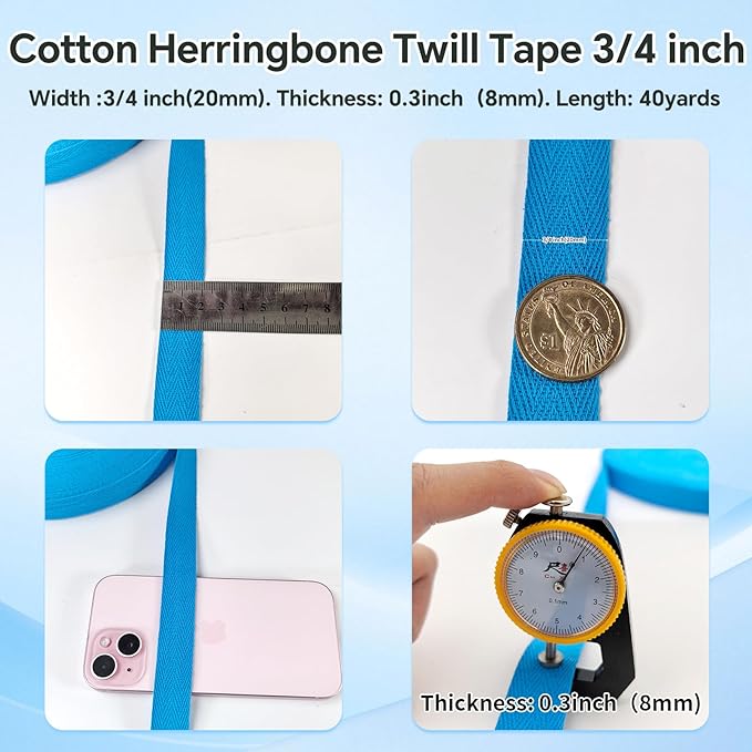 40 Yards Herringbone Twill Tape for Sewing,Pet Collar,Gift Wrapping Home Deco -3/4 inch Turquoise Cotton Webbing Straps-Natural Bias Binding Tape for Handles, Crafting & DIY Projects