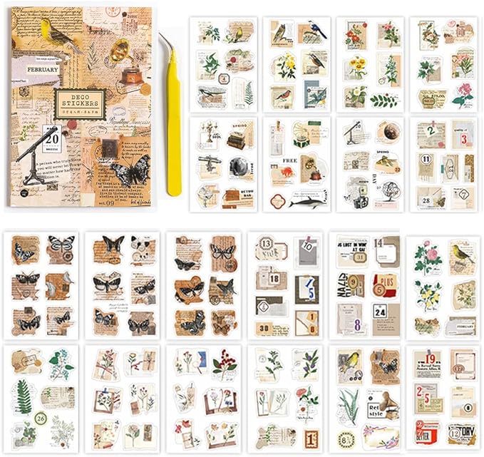 Alideco Scrapbook Stickers Sets Vintage Transparent Animals Floral Aesthetic Adults Scrapbooking Supplies Stickers for journaling tweezer 20Sheets/200Pcs