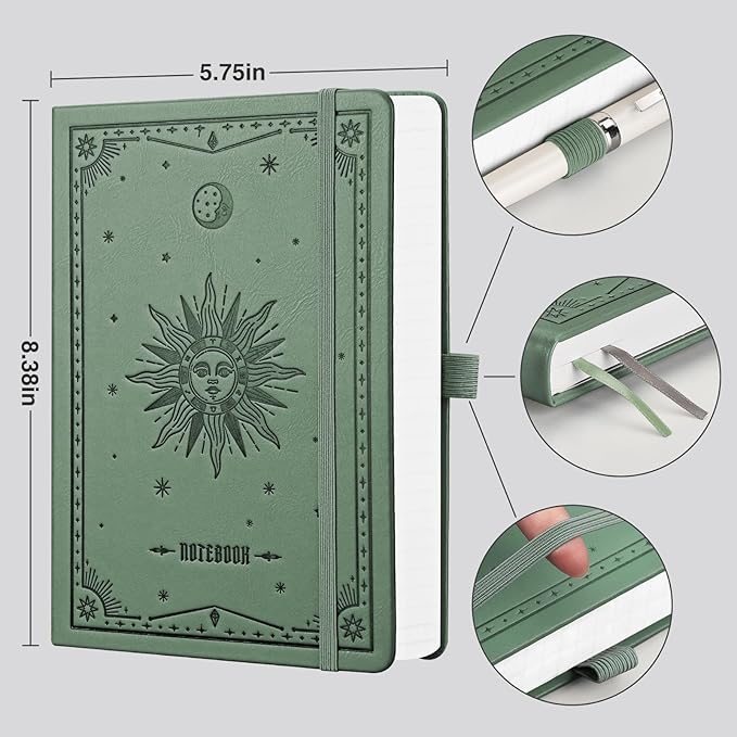 EMSHOI Lined Journal Notebook - 320 Numbered Pages, A5 College Ruled Notebooks with Contents, 100GSM Thick Paper, Hardcover Leather Journals for Women Men Work School Writing, 5.75 x 8.38-Green