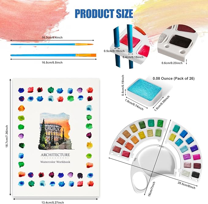 Watercolor Workbook & Water Coloring Book, 13 Pages 300GSM Paper, 26-Color Watercolor Paint Set with Brush & Storage Bag, Beginner-Friendly Coloring Book for Adults — Scenic Architecture Theme
