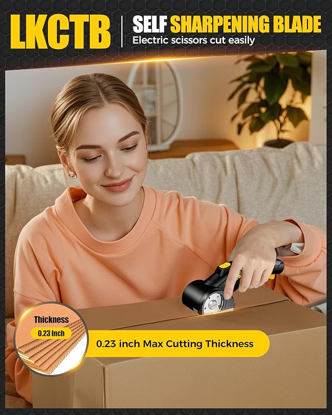Electric Cardboard Cutter Scissors with LED Light, 3000mAh Rechargeable Battery, Brushless Motor, Tungsten Steel Blade, Cuts Cloth, Leather, Carpet, Cable Cutter bright yellow