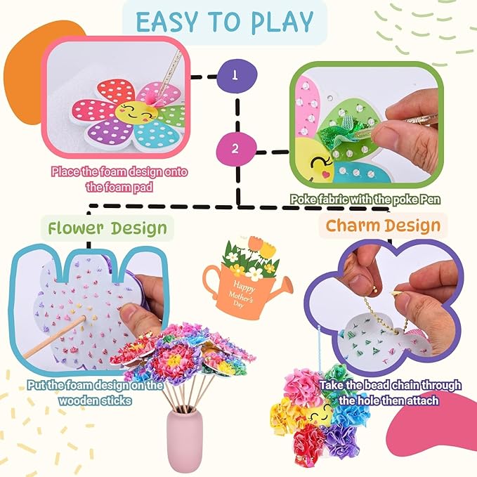 SOLDAY Poke Art Kits for Kids to Make Your Own Flowers Bouquet, Craft Kit with 6 Flowers, 8 Cute Hanging Charms, Mother Day Birthday Christmas Gift for Girls & Boys Ages 4-8