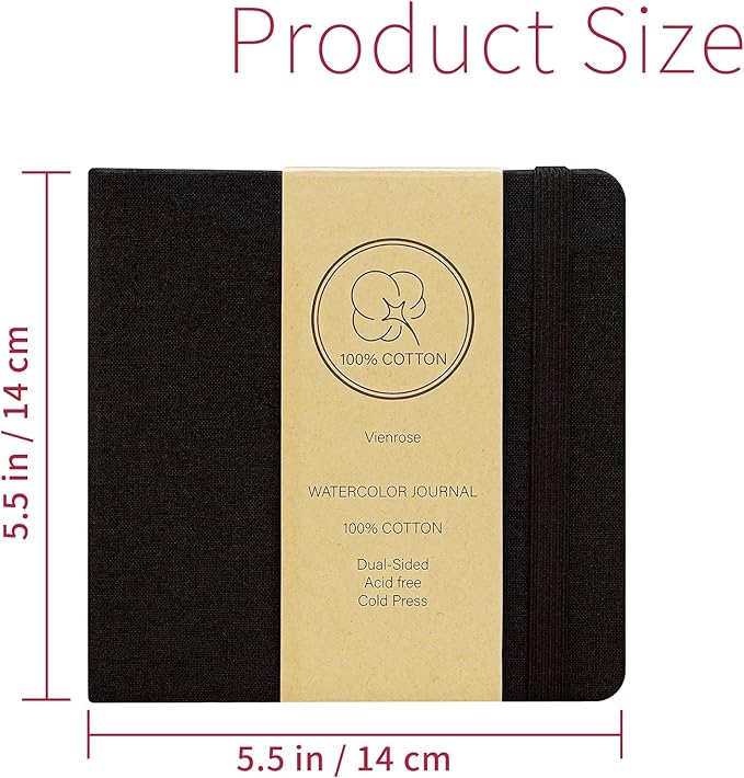 Vienrose Watercolor Sketchbook, 5.5"x5.5" Watercolor Journal with 24 Sheets 140 LB (300 GSM) Cotton Watercolor Paper, Black Linen Cover Watercolcr Sketch Book As Travel Notebook Mixed Media Pad