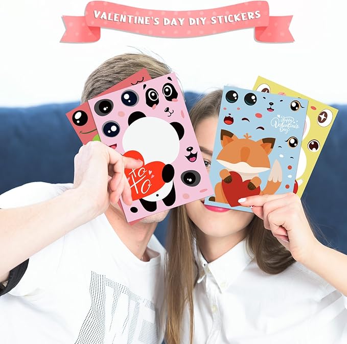 XZENTIRA 32 PCS Valentines Day Animal DIY Stickers 8 Designs Holiday Stickers for DIY Valentines Day Crafts Party Gifts Galentines Decorations