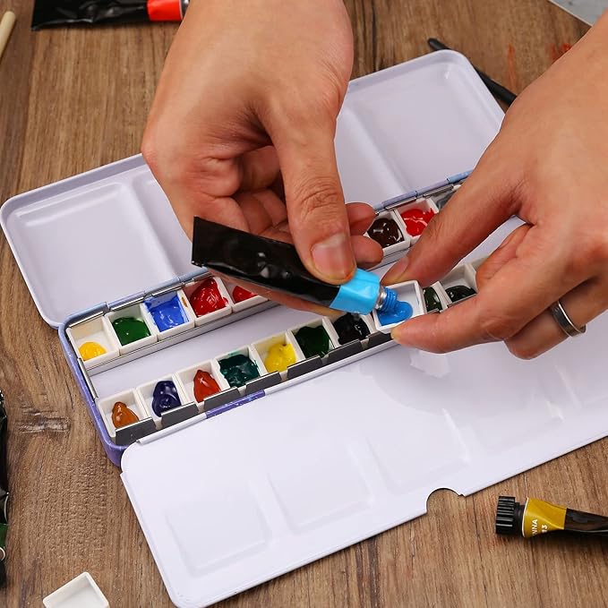MYARTOOL Empty Watercolor Palette, Purple Empty Watercolor Tin Palette Paint Case with 24 PCS Empty Half Pans for DIY Travel Watercolor Palette, Acrylic and Oil Painting