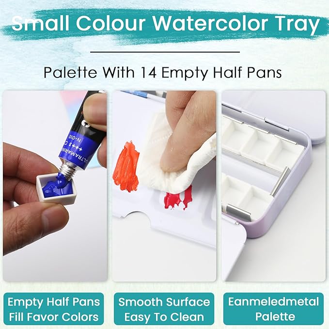 HAUSTG0 Metal Watercolor Palette - Empty Tin with Paint Tray and 14 Half Pans - Travel Palette with Lid