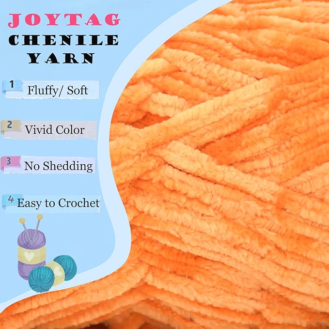 Velvet Chenille Yarn for Crocheting & Knitting - Soft, Fluffy, Thick, Bulky, Chunky Orange Velvet Yarn - 100g